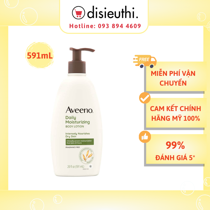Sữa dưỡng thể Aveeno Daily Moisturizing Lotion Nourishes Dry Skin Fragrance Free 591ml cung cấp độ ẩm không nhờn rít, phù hợp với mọi loại da