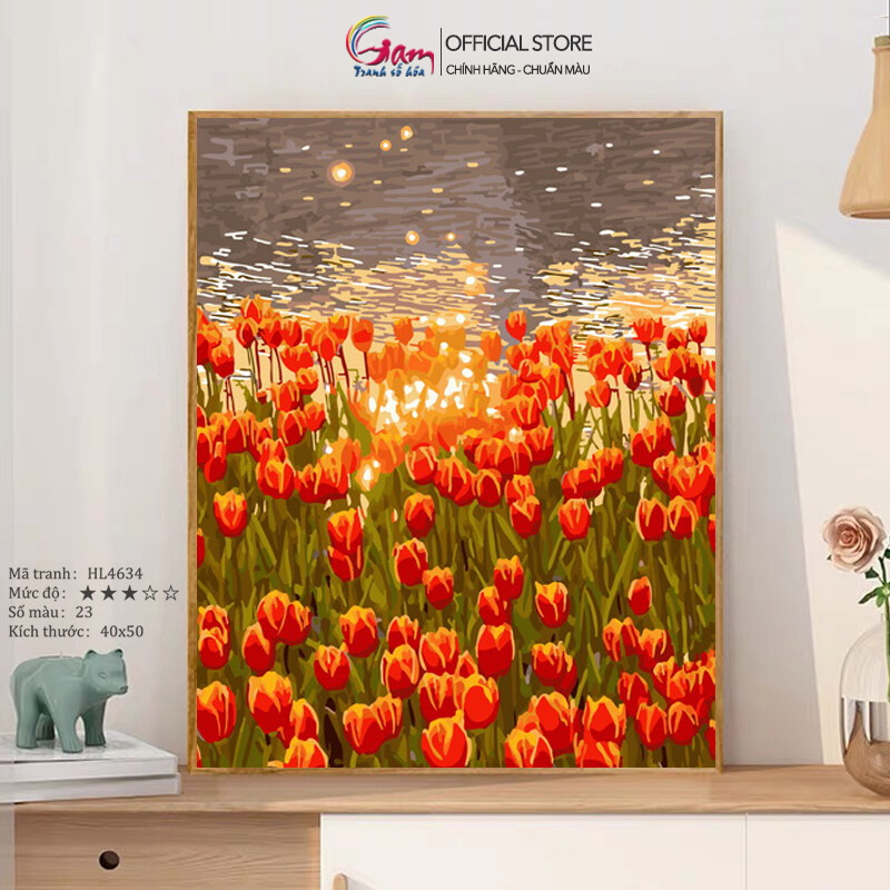 Tranh số hoá hoa tulip gam tự tô màu mẫu mới nâng cấp lọ màu to 5ml hl4634 40x50 cm