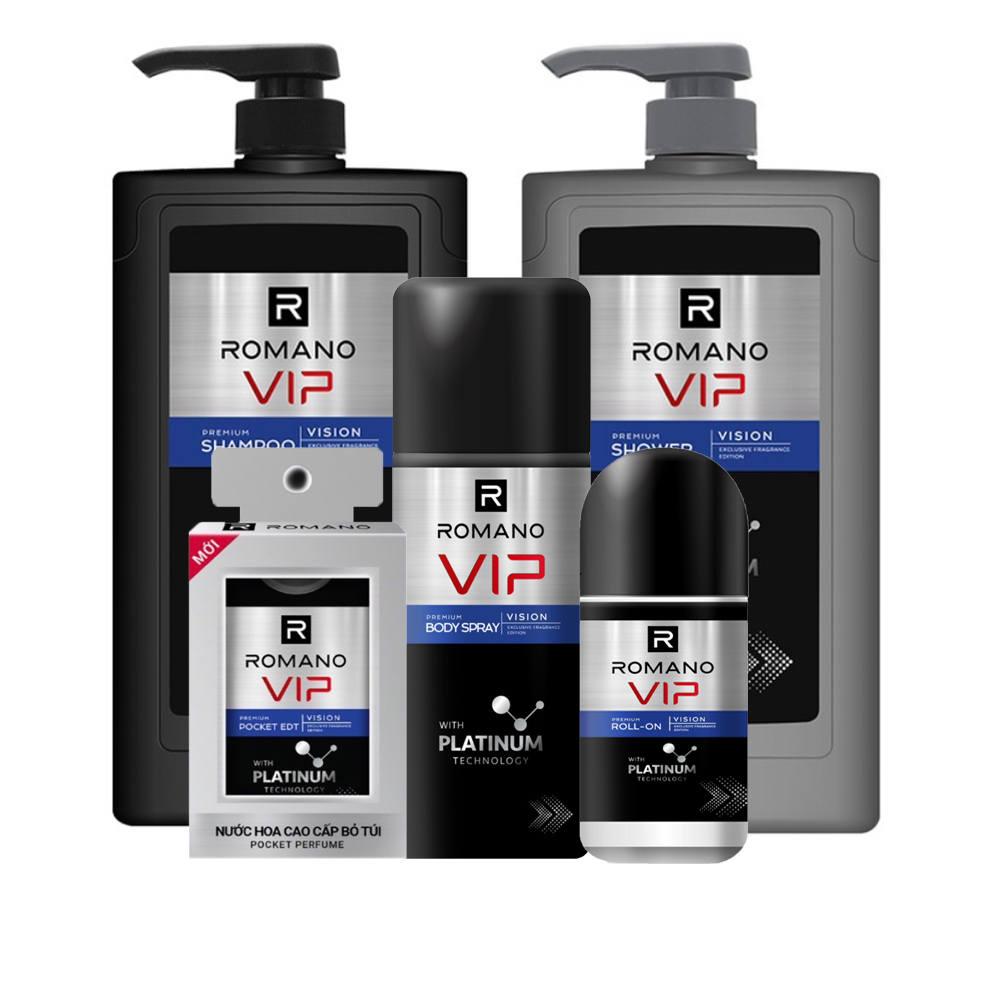 Bộ romano vip vision platinum5 sản phẩm : dầu gội 650ml, sữa tắm 650ml, xịt khử mùi 150ml, lăn khử mùi 50ml, nước hoa bỏ túi 18ml
