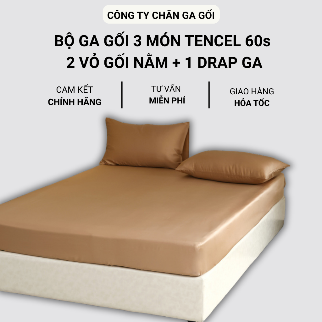 Bộ ga giường 3 món tencel 60s trơn cao cấp CONGTYNEM mềm mại thoáng khí thấm hút mồ hôi tốt