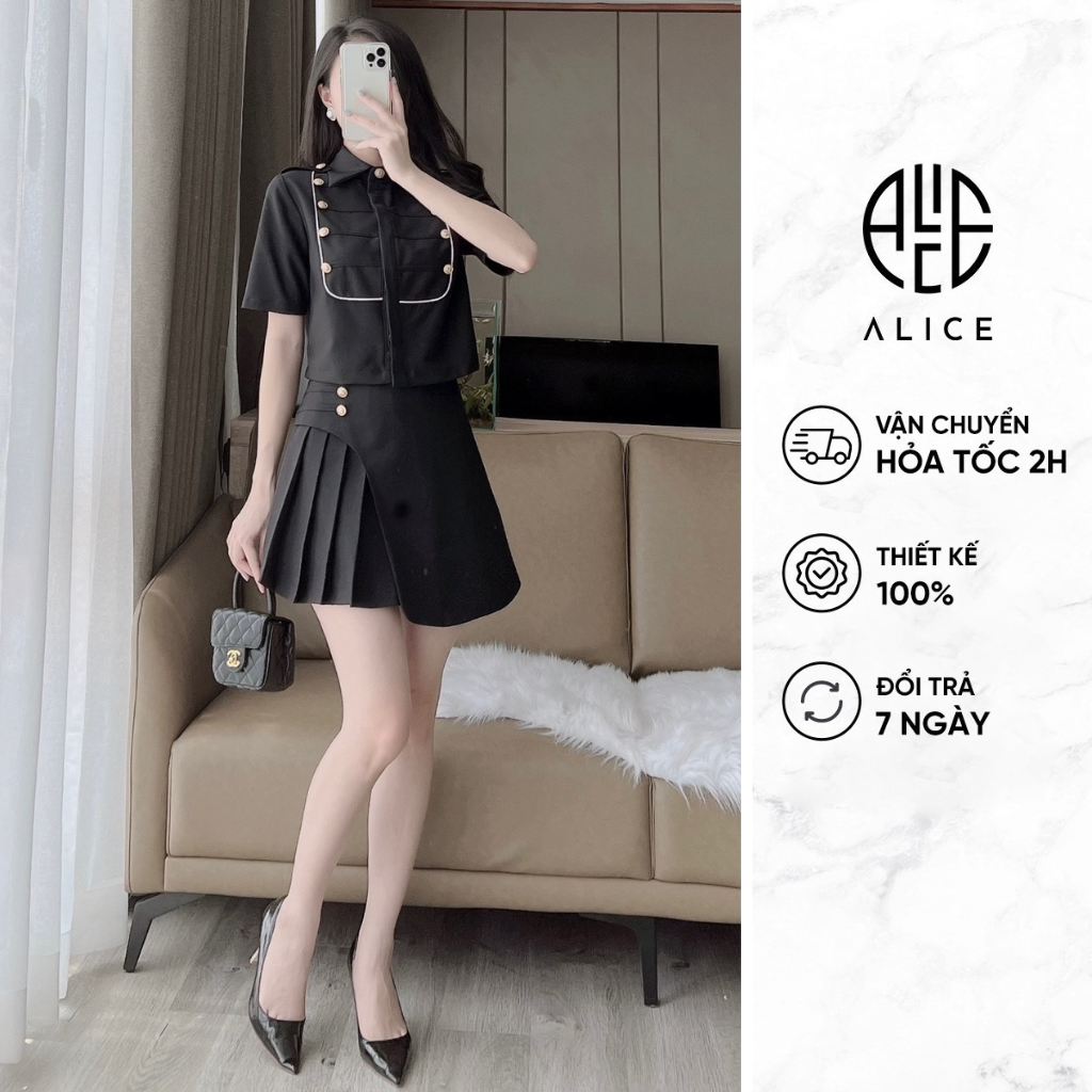 Set công sở alice áo sơ mi cộc tay phối chân váy ngắn dập li dáng xòe sang chảnh, chất vải kaki mềm mịn lót lụa v862