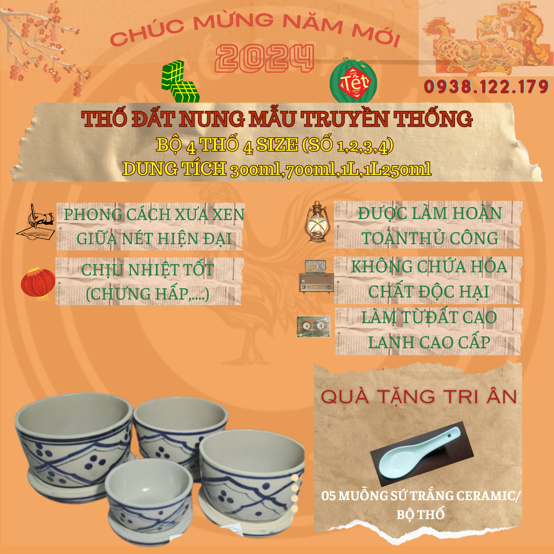 Bộ 4 thố hủ đất nung truyền thống số 1,2,3,4