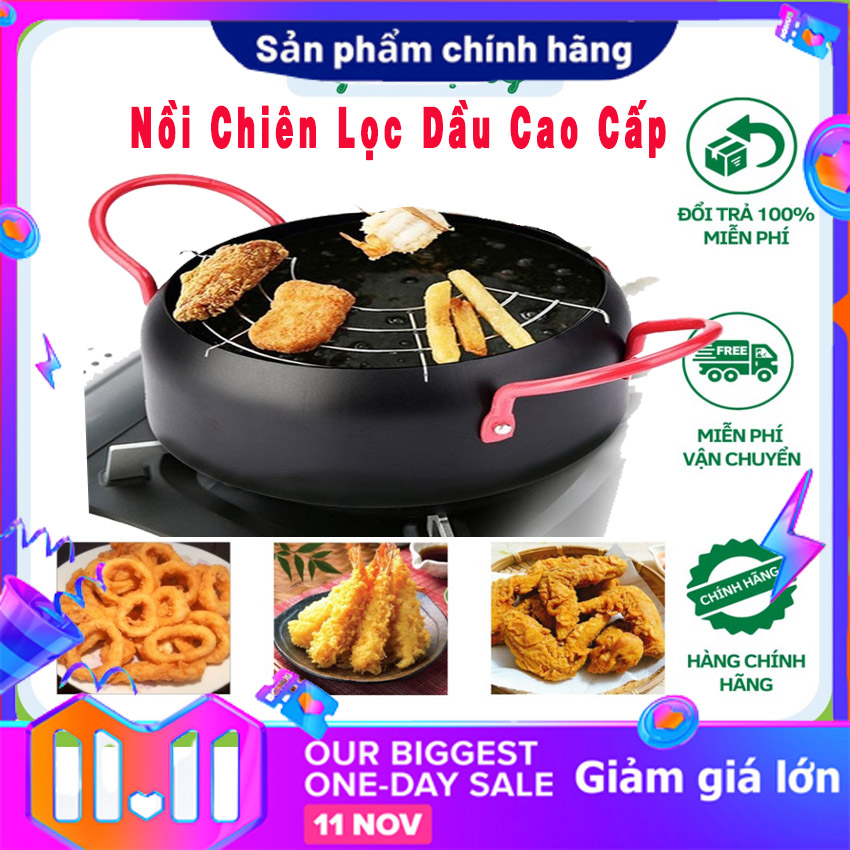 Nồi Chiên Ngập Dầu Lọc Dầu Size 18cm ,Nồi chiên lọc dầu dùng bếp ga, bếp từ, bếp hồng ngoại - Kèm khay hứng-Nồi chiên lọc dầu xuất Nhật