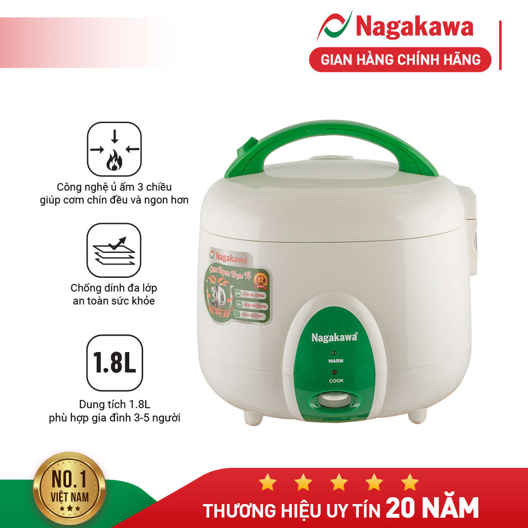Nồi cơm điện Nagakawa NAG0118, dung tích 1.8L, công nghệ ủ ấm 3 chiều, thiết kế lòng niêu phủ chống dính 2 mặt giúp cơm chín đều