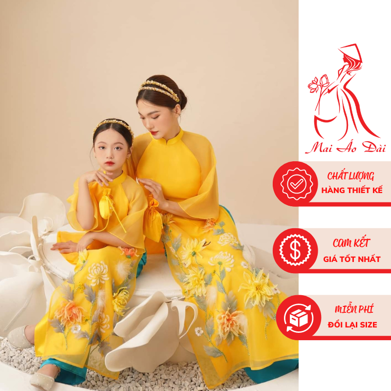 Áo dài mẹ và bé cúc vàng mộc trà, 4 tà 2 lớp, đính kết thủ công cao cấp - mai áo dài