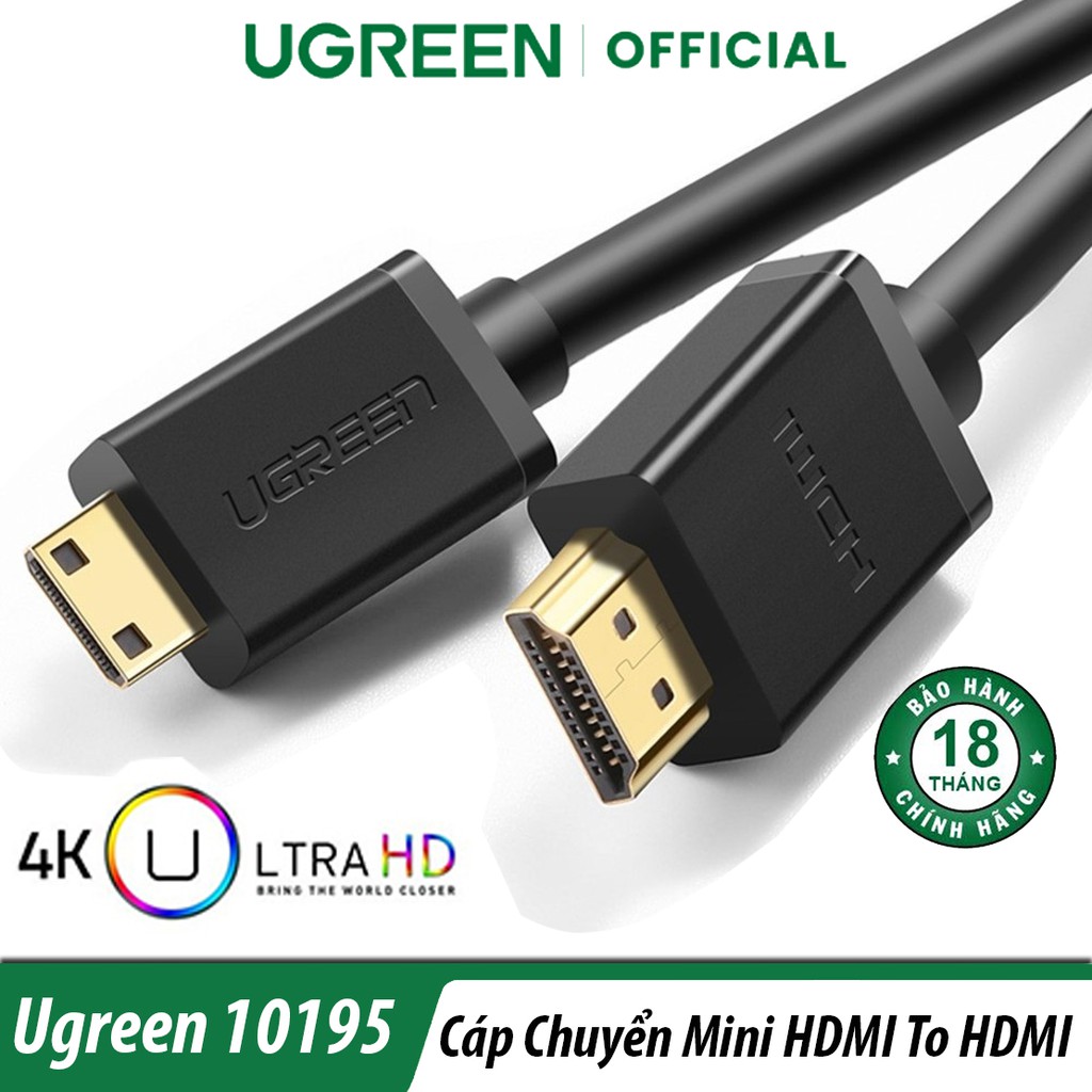 Cáp minihdmi sang hdmi 2.0 hỗ trợ 4k@60hz ugreen 10195 chính hãng