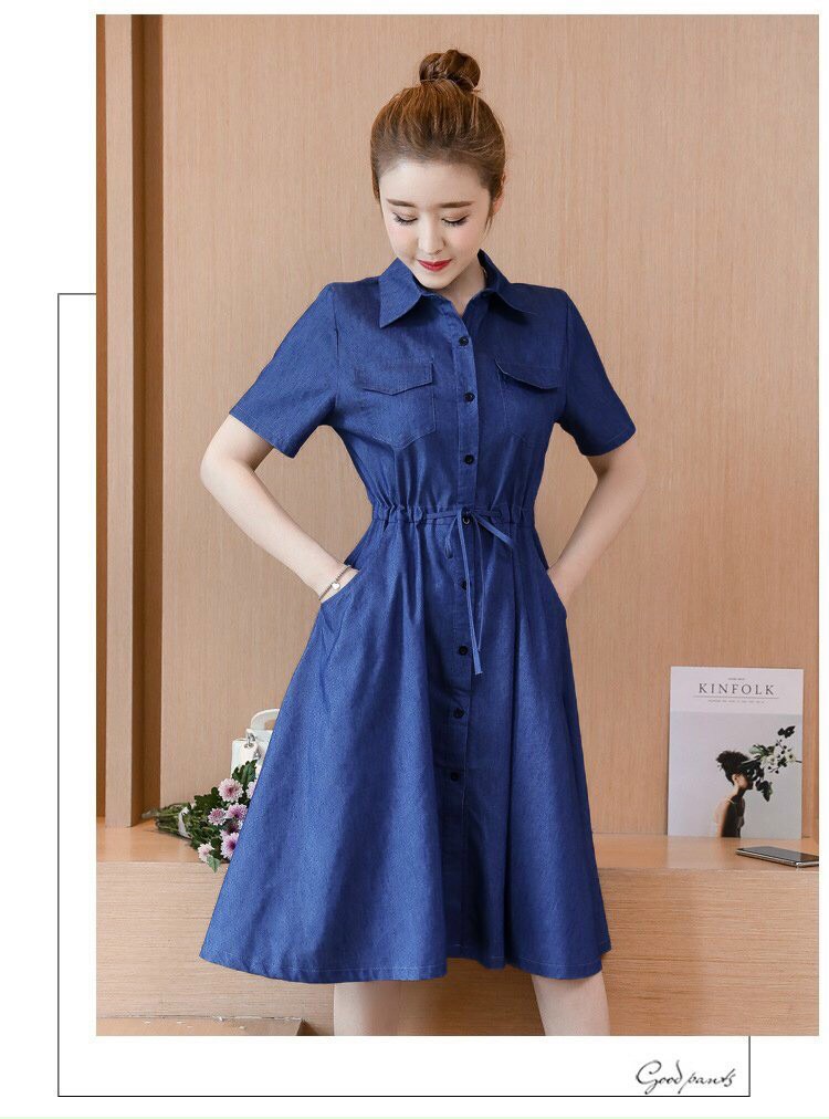Mẫu mới đầm jean sơ mi hàn quốc eo rút dây