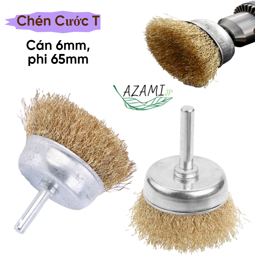 Chén Cước Thau Có Cán 6mm, phi 65mm, Chổi Đánh Rỉ chữ T, Bàn Chải Rỉ Sét, Bánh Cước Sợi Thép