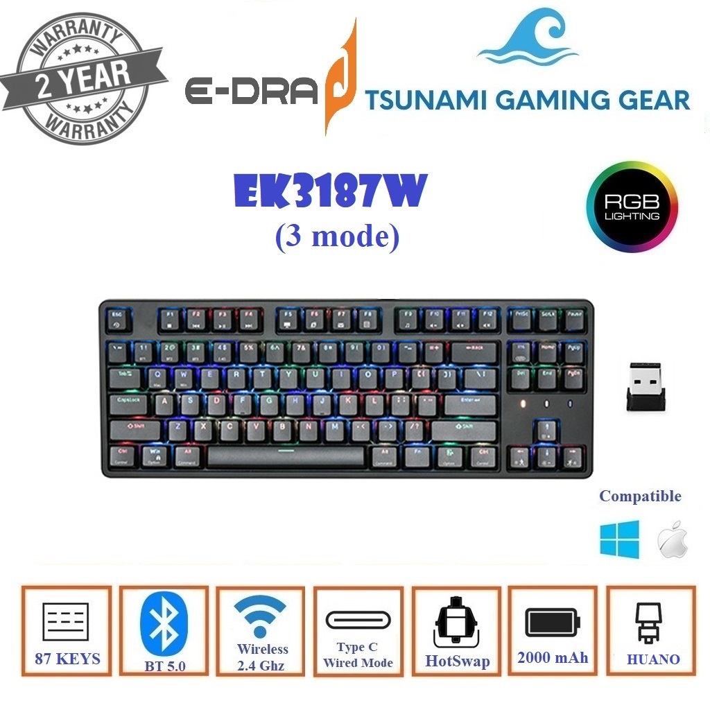 Bàn phím cơ không dây E-DRA EK387W/ EK3187W RGB Bluetooth/ Wireless/ Type-C - Hàng chính hãng BH 2 năm
