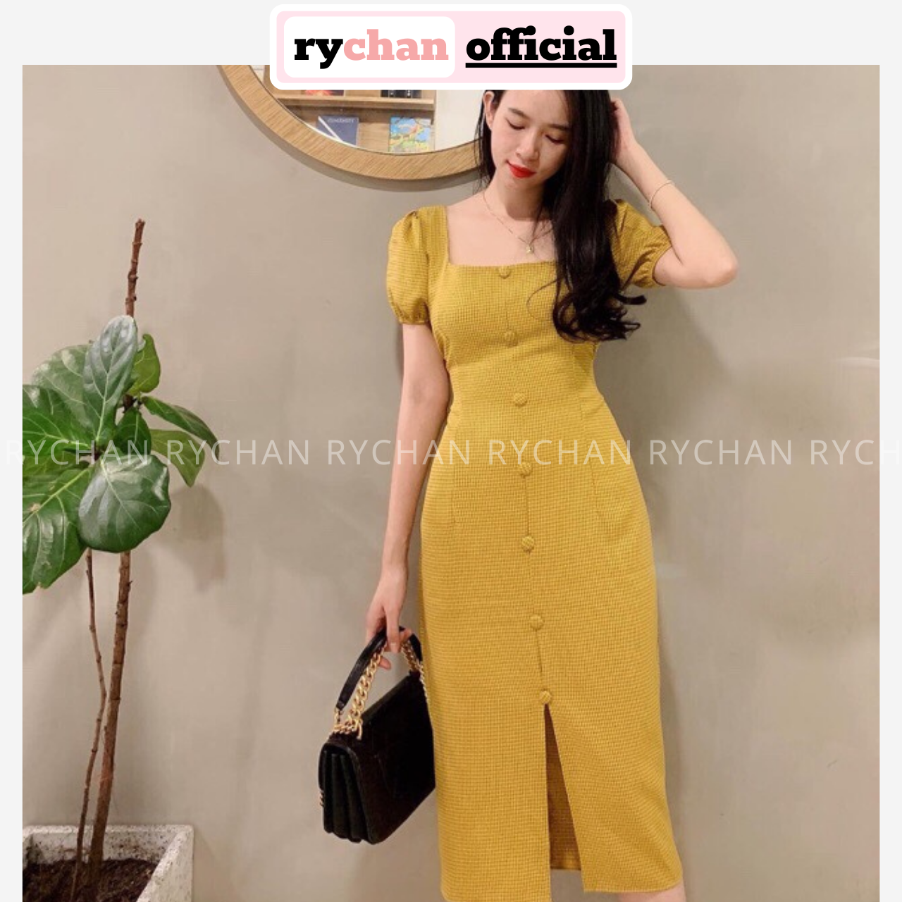 Dm607 - đầm maxi form ôm phối cổ vuông tay phồng nhiều màu