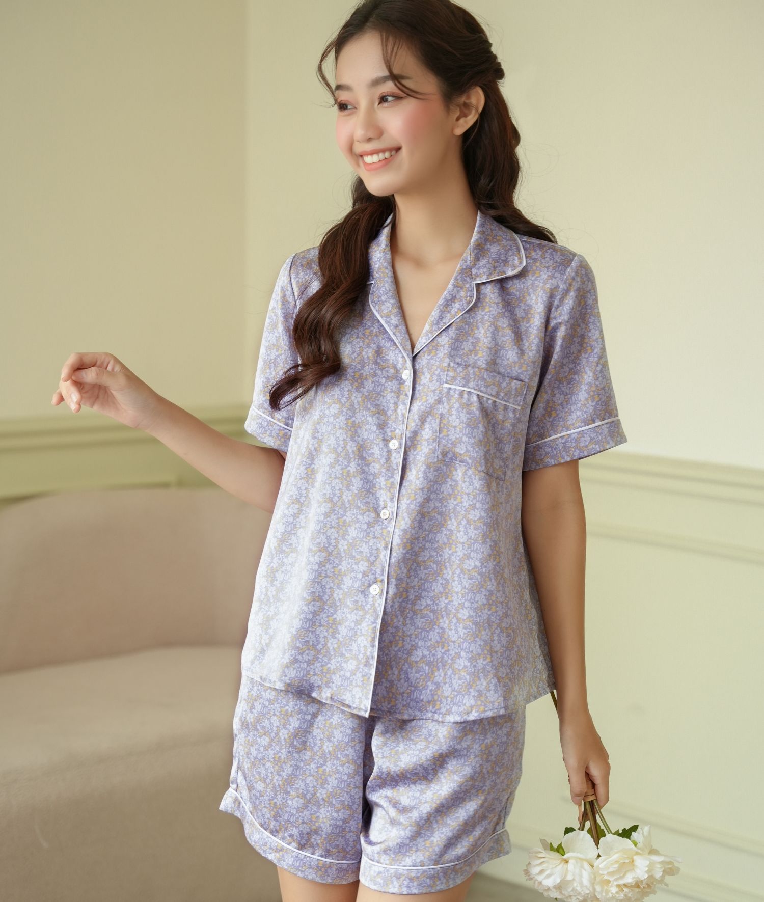 VIBES Bộ pijama ngắn lụa cao cấp Little Purple Py Set
