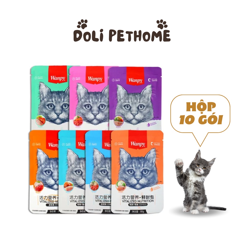 Hộp 10 gói pate mèo wanpy, 80g/gói, đủ vị gà, cá, tôm, cua