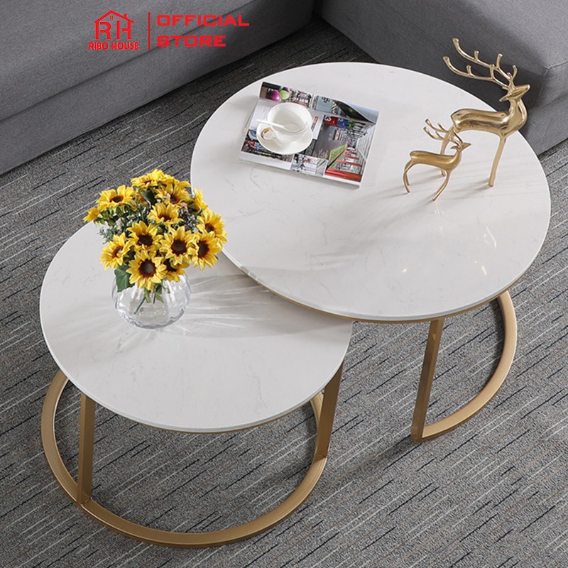 Bàn Trà Đôi, mặt đá cao cấp RIBO HOUSE mặt vân đá 3D cho sofa phòng khách sang trọng RIBO49