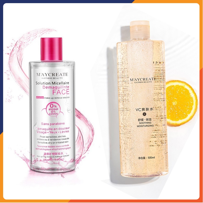 Combo nước tẩy trang + Toner, nước hoa hồng: Nước tẩy trang MayCreate 300ml + Toner, Nước hoa hồng dưỡng ẩm trắng da MayCreate 500ml Melystore SPU165