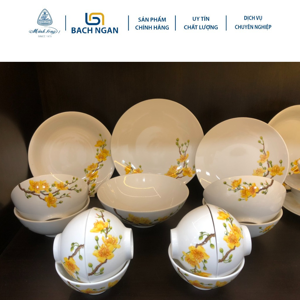 Bộ chén dĩa sứ cao cấp minh long 14 sản phẩm - daisy ifp - hoàng mai dùng đãi khách, tặng quà tết