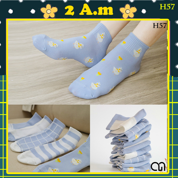 Tất Vớ Cổ Ngắn Nữ Hoạ Tiết Sọc Vịt Tone Blue Thời Trang Unisex Hàn Quốc