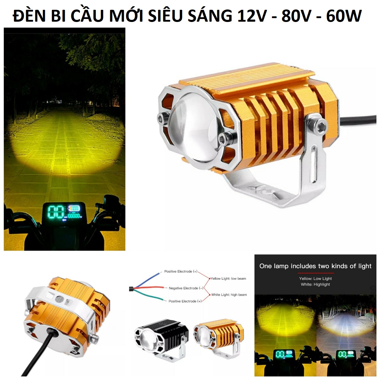 Đèn bi cầu siêu sáng xe máy ô tô motofish 2 chế độ cốt vàng pha trắng 12v-80v - 45w mẫu mới loại tốt, Đèn trợ sáng xe máy hàng víp