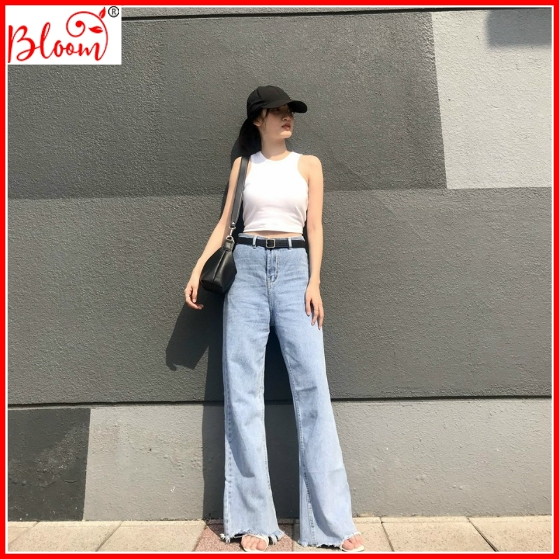 Quần jean nữ ống rộng lưng cao form suông Dài Cao Cấp để phối Hunter, Sneaker, Giày cao gót YUKIBLOOM