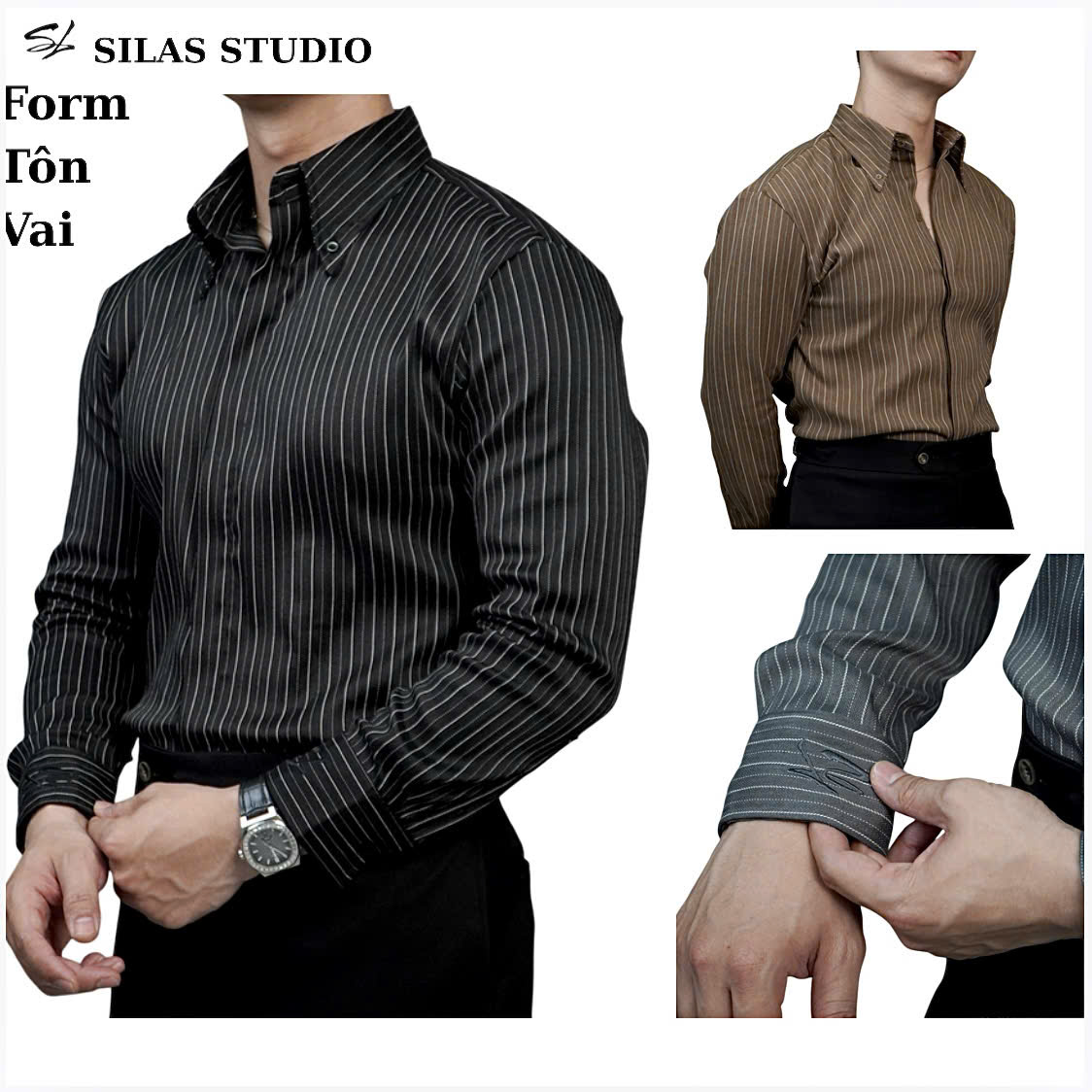  Áo sơ mi Silas Sọc LIAM Cổ Button down cotton chéo giấu cúc 