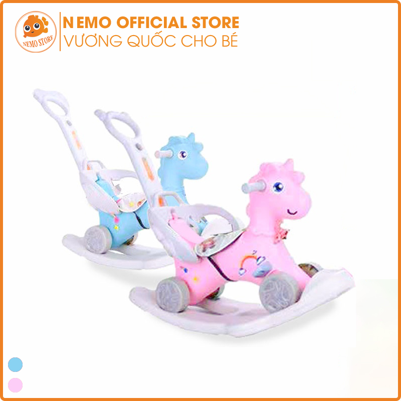 Ngựa bập bênh cho bé có bánh xe 3in1 đa năng có nhạc đèn tay đẩy tựa lưng BB2807