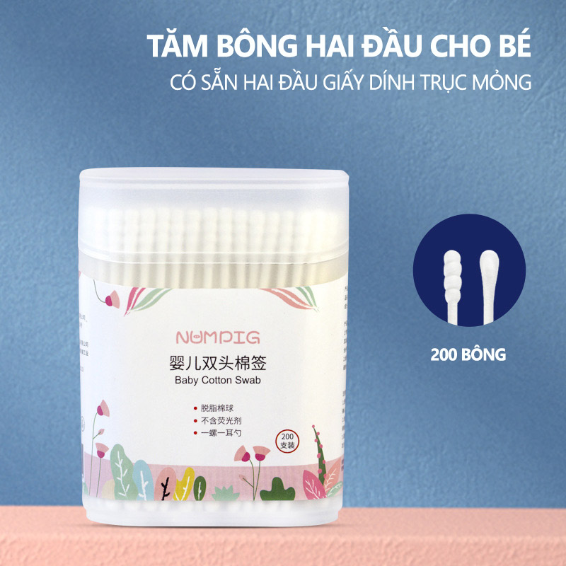 Tăm bông cho bé sơ sinh, tăm bông 2 đầu cao cấp mềm mịn an toàn cho bé numbig hộp 200 que