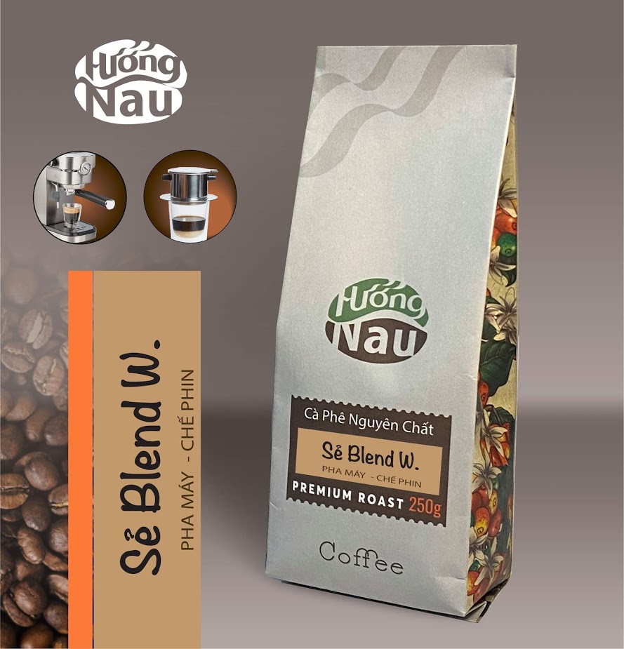 500gram robusta sẻ w blendvũ hương nâu, kết hợp robusta sẻ chế biến ướt với arabica, rang mộc, không tẩm ướp, không chất bảo quản, pha phin và pha máy.