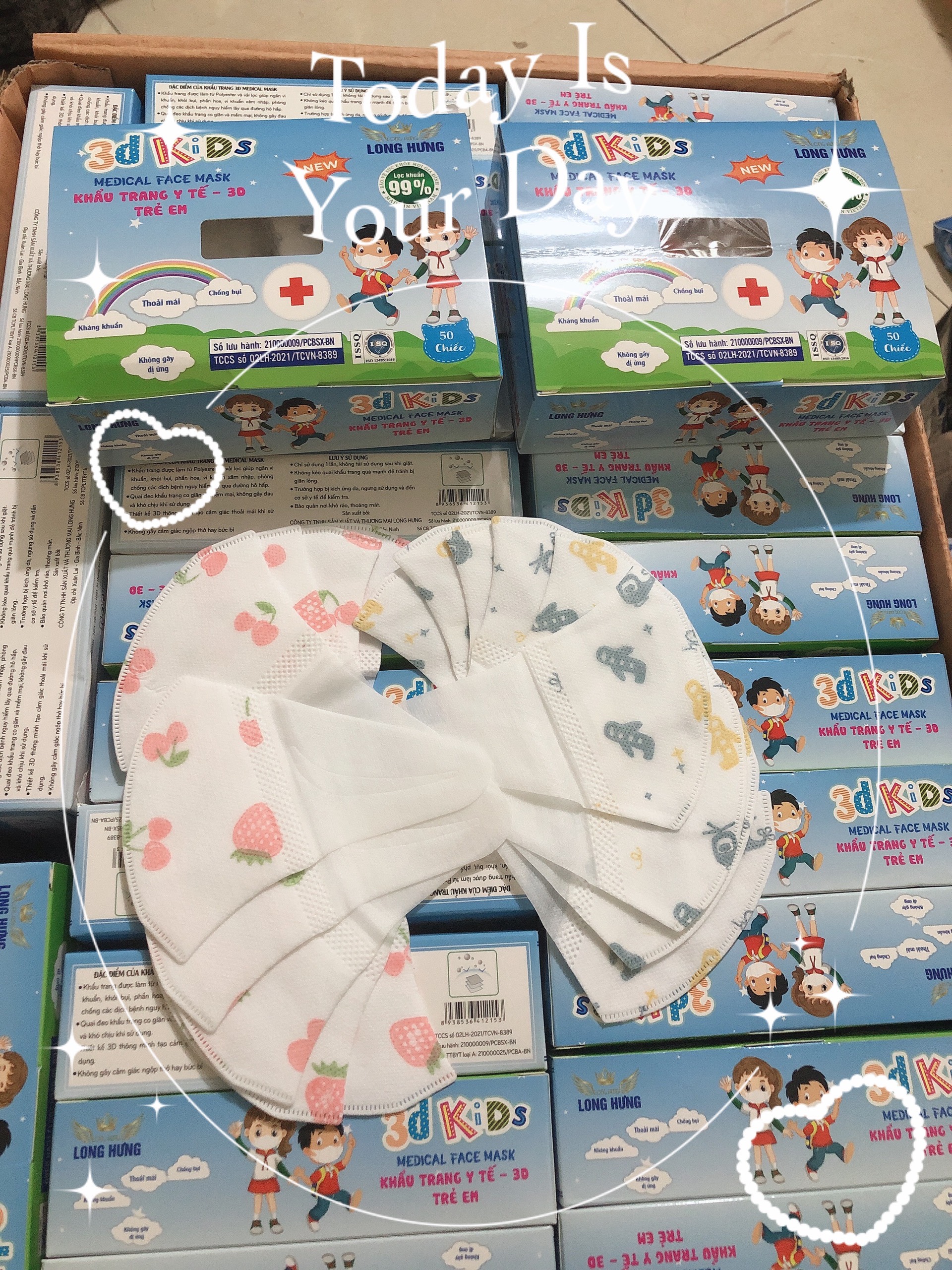 Khẩu trang trẻ em 3d long hưng chính hãng hộp 50 chiếc- phù hợp cho các bé 3-12 tuổi