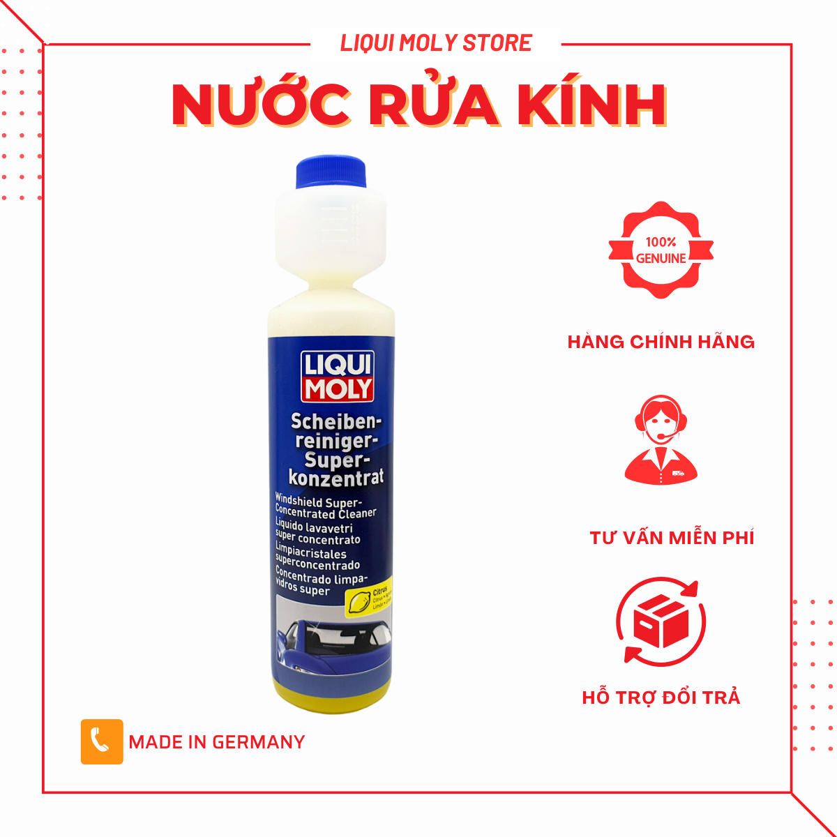 Nước rửa kính xe oto đậm đặc liqui moly 250ml tỷ lệ pha 1:100