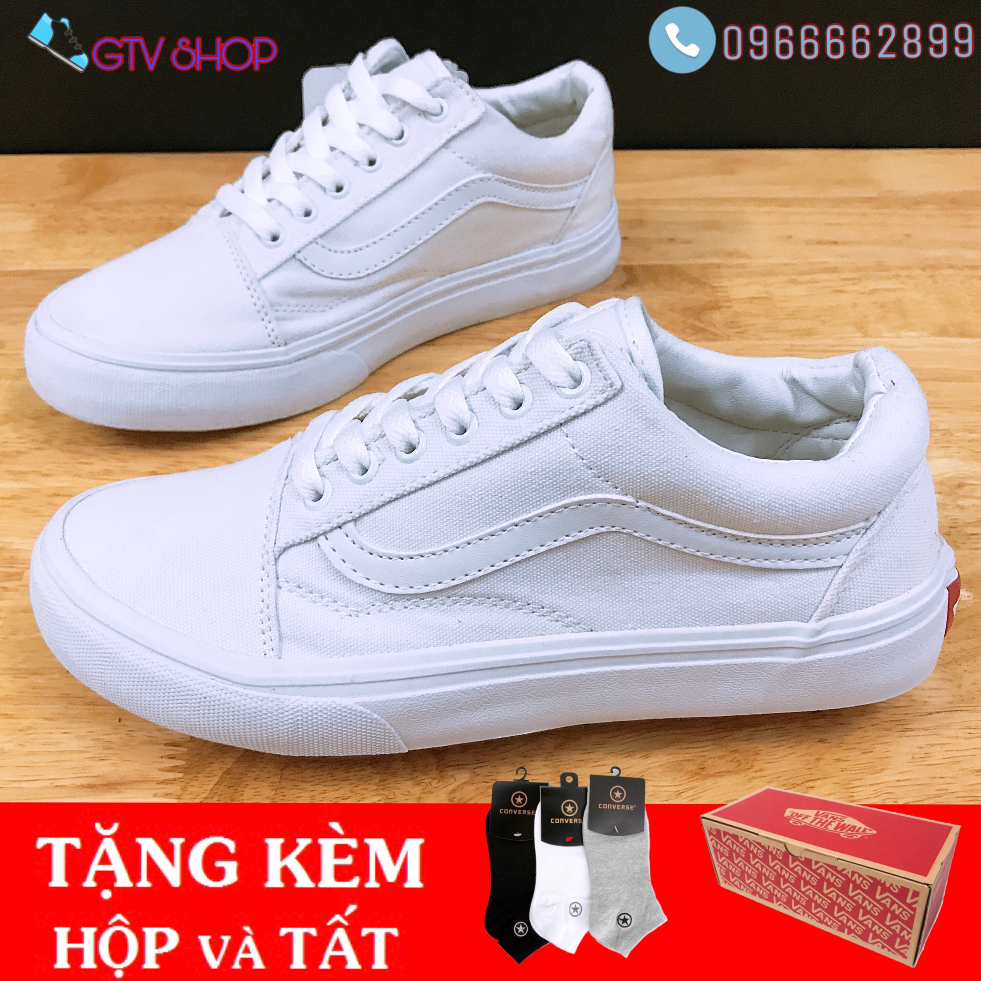 Tặng hộp và Tất - Giày thể thao nam nữ vans old skool trắng full, size 36 đến 43.