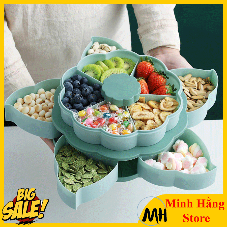 [DÒNG MỚI TẾT 2022-HÀNG LOẠI1- CAM KẾT Y HÌNH-ĐƯỢC CHỌN MÀU] Khay đựng mứt tết, bánh kẹo hoa quả 2 tầng 10 cánh xoay 360 độ sang trọng tiện dụng gọn gàng, hộp đựng bánh kẹo kèm khe giá đỡ điện thoại thông minh tiện lợi