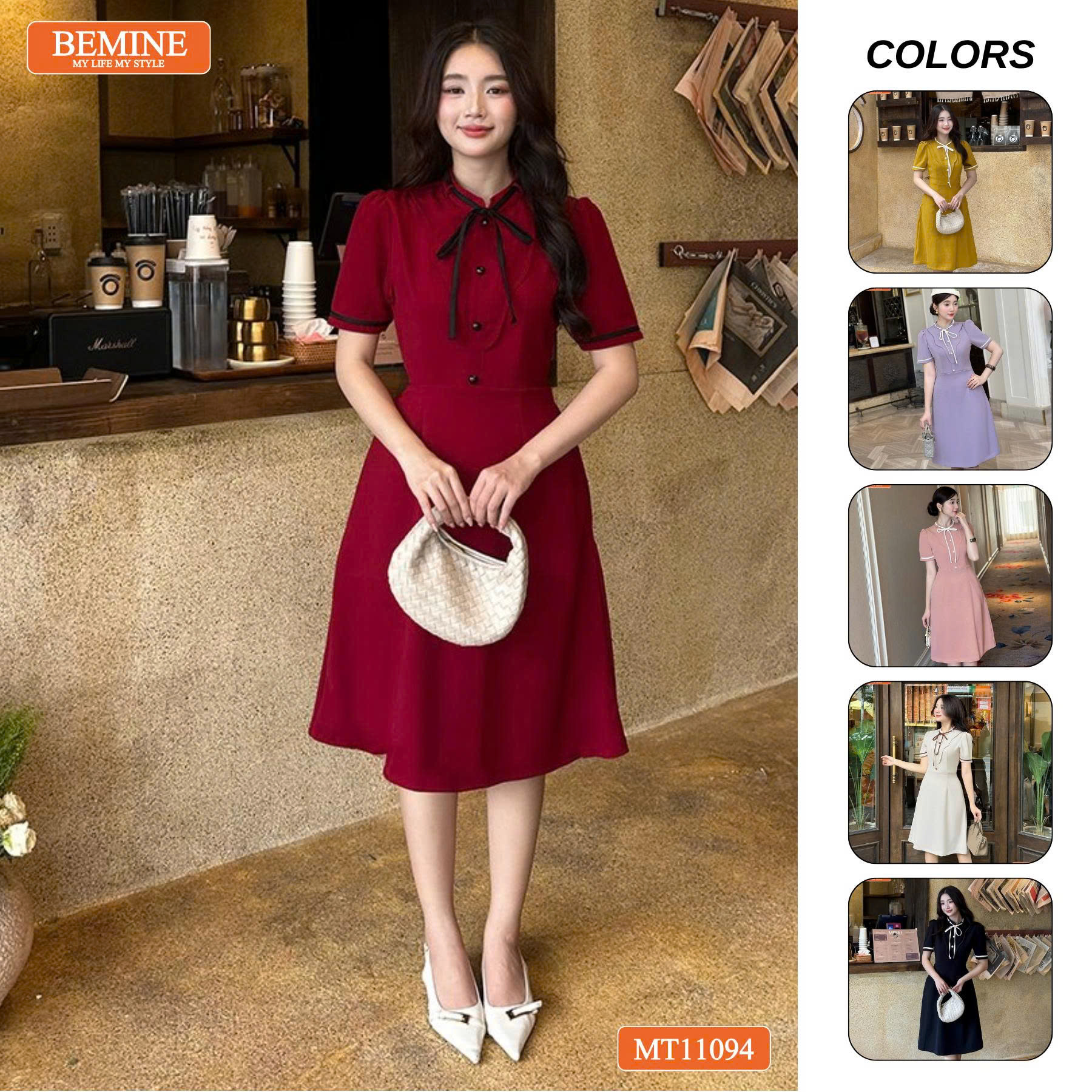  Đầm thiết kế BEMINE cổ tròn có dây nơ phối bèo dáng chữ A phù hợp đi làm-MT11094 