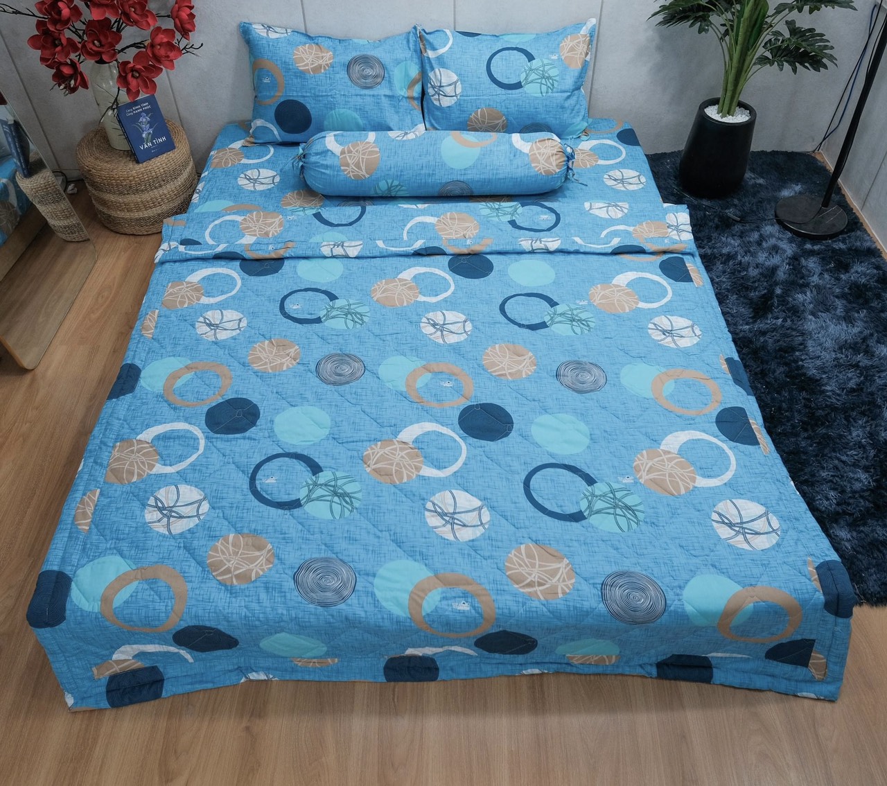 Bộ drap gối cotton 100% in logo cty, ga trãi giường vải dày dặn, mềm,