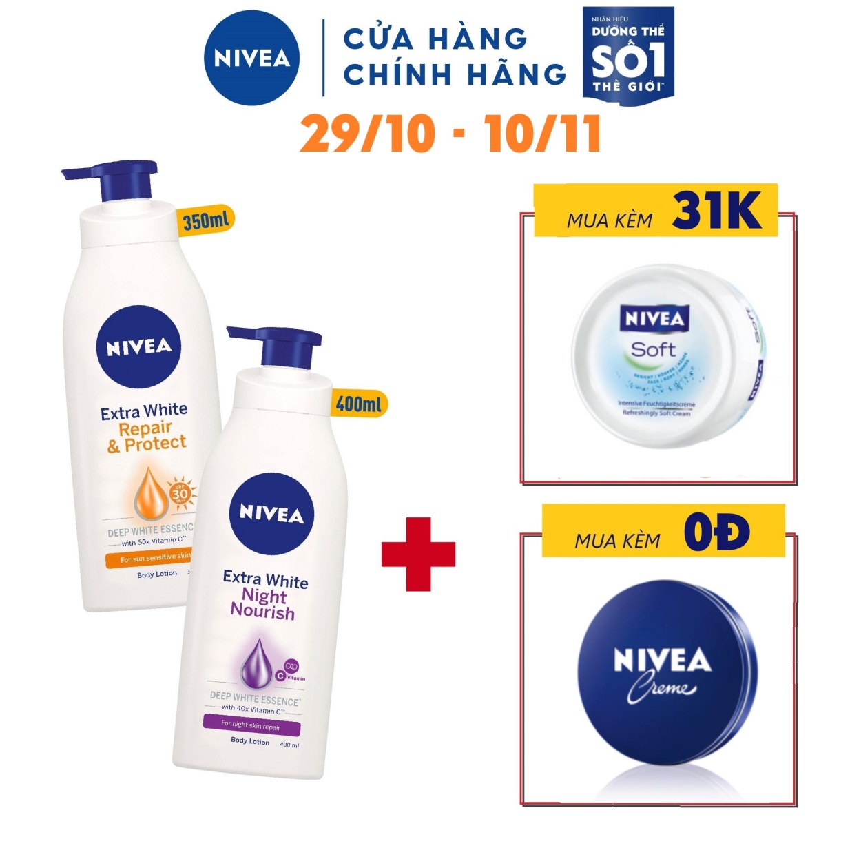 [Mã FMCGEF20 giảm 10  tối đa 20K đơn 150K] Bộ đôi Sữa dưỡng thể trắng da Ngày   Đêm NIVEA (350mlx2 - 88311 88126)