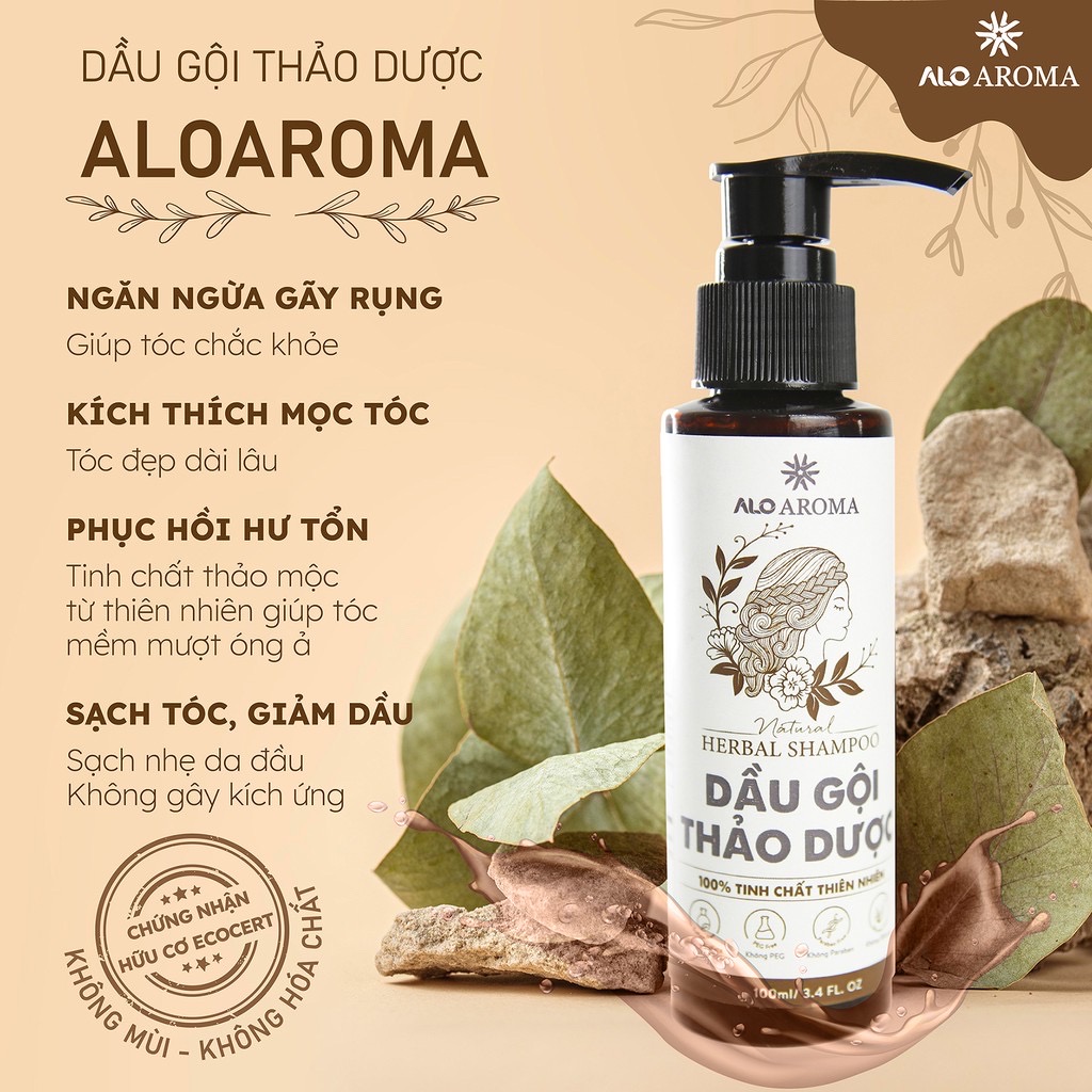 Dầu gội bưởi bồ kết dưỡng tóc từ thảo dược thiên nhiên giúp ngăn rụng tóc, phục hồi và kích thích mọc tóc AloAroma 100ml