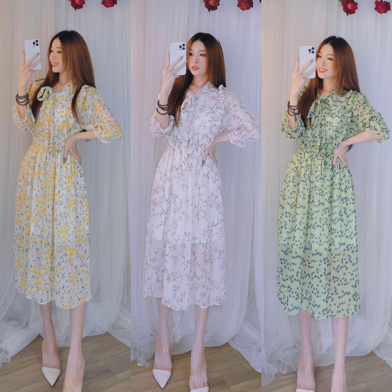 Đầm hoa viền bèo cột nơ siêu xinh - hình thật
