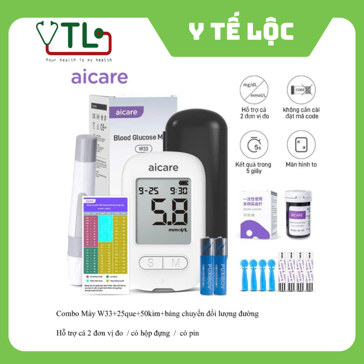 Genuine Accu Blood Glucose Meter Aicare W33 + 25 Strips + 50 Needles + Conversion Table (Can Adjust Unit Mg/Dl - Mmol/L)