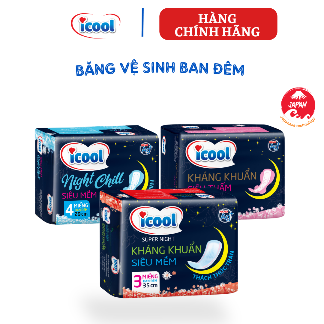 {Hàng chính hãng}   Băng vệ sinh, BVS ICOOL Night ban đêm 35cm và băng vệ sinh ICOOL NIGHT CHILL 29cm (6 gói)
