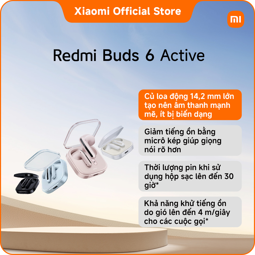 Tai nghe Bluetooth REDMI Buds 6 Active | Củ loa động 14,2 mm lớn tạo nên âm thanh mạnh mẽ, ít bị biến dạng | Giảm tiếng ồn bằng micrô kép giúp giọng nói rõ hơn | Thời lượng pin khi sử dụng hộp sạc lên đến 30 giờ*