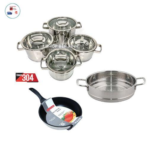 Combo Bộ Nồi Inox 304, Chảo Chống Dính và xửng 24cm Fivestar Standard 10 Món.tặng 1 vá canh inox