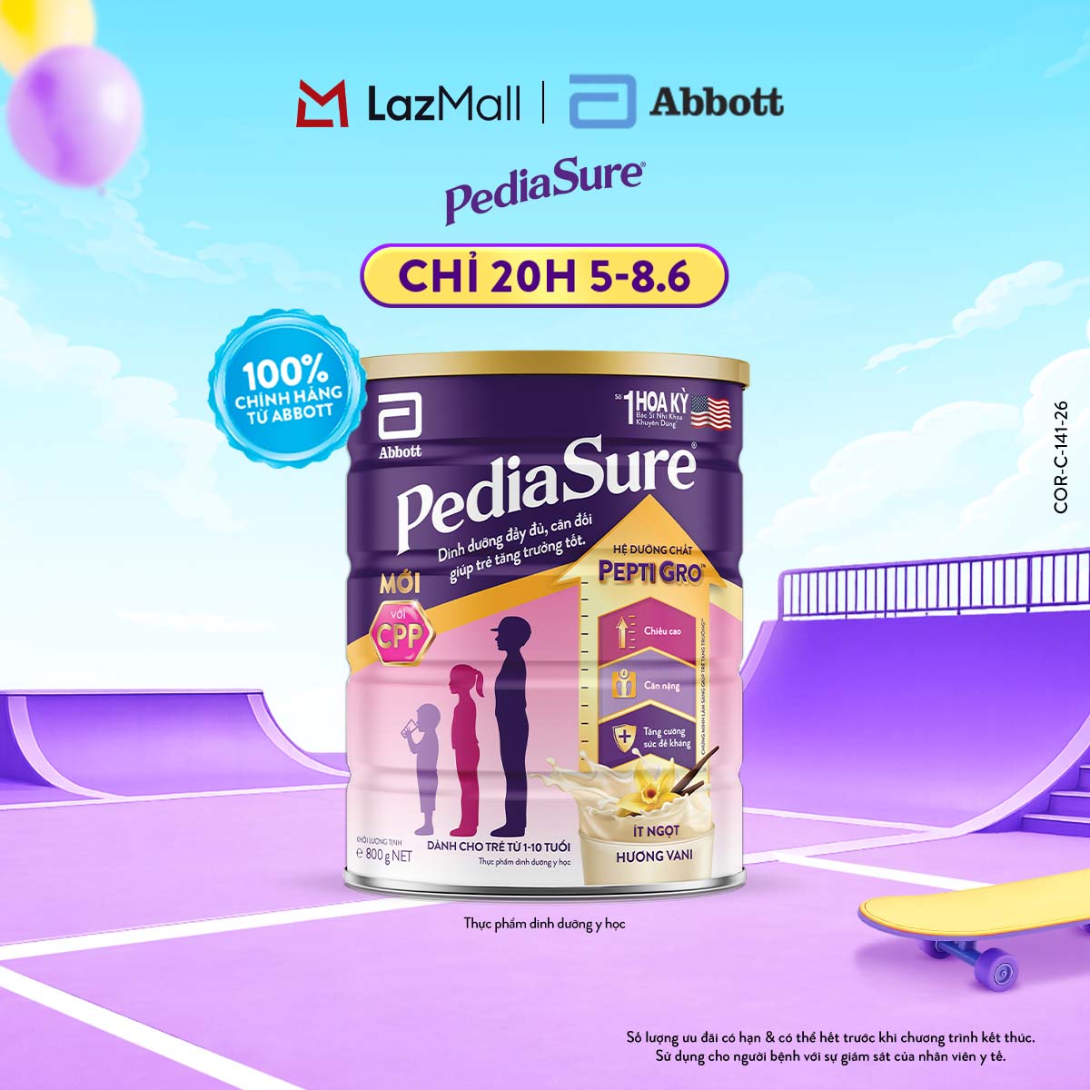 [CHỈ 20H 05-08.06 GIÁ TỐT MUA NGAY] 1 Lon sữa bột Pediasure hương vani ít ngọt 800G