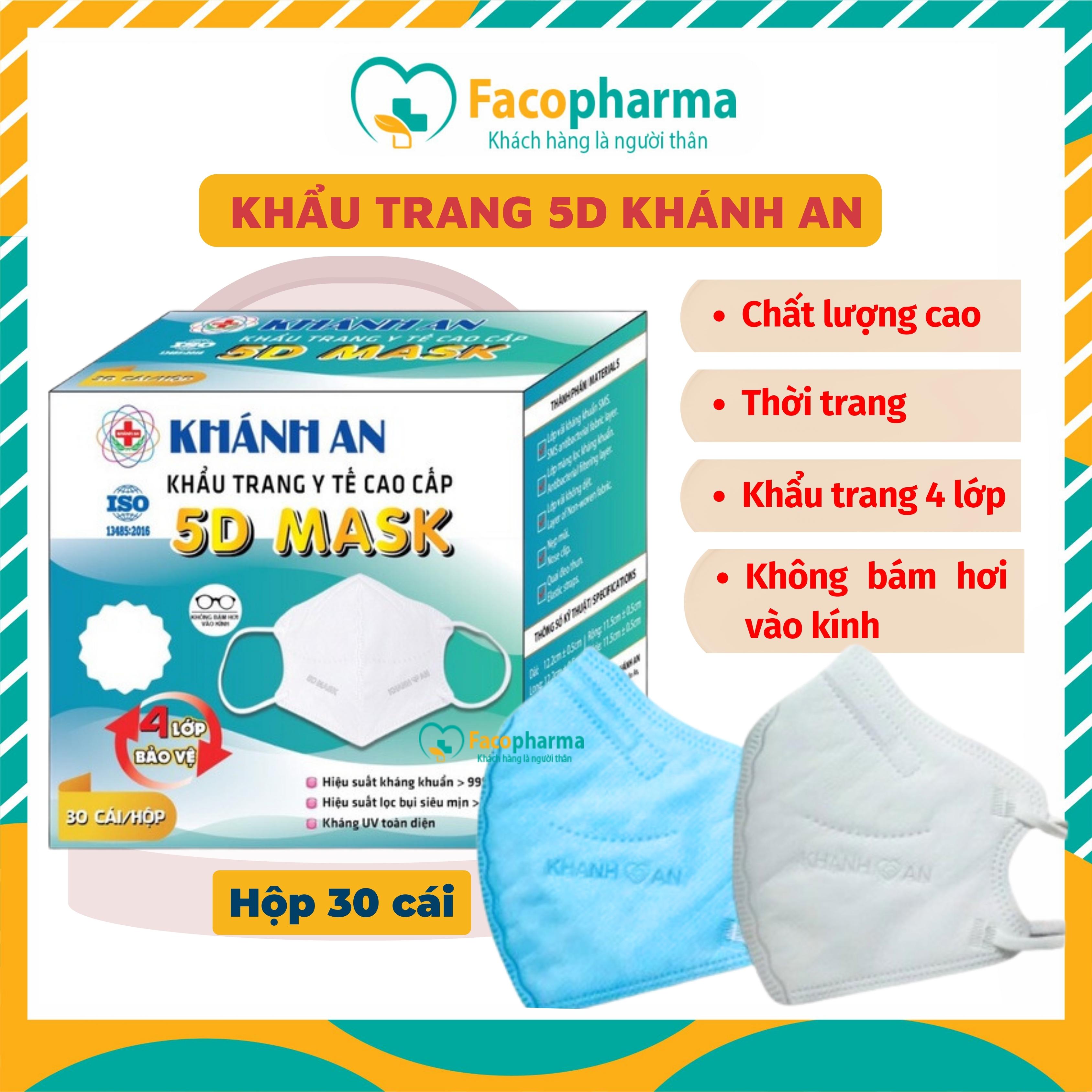 Khẩu trang y tế cao cấp 5D mask 4 lớp kháng khuẩn chống tia uv Khánh An hộp 30 cái lọc bụi siêu mịn đến 95% không đau tai khi đeo