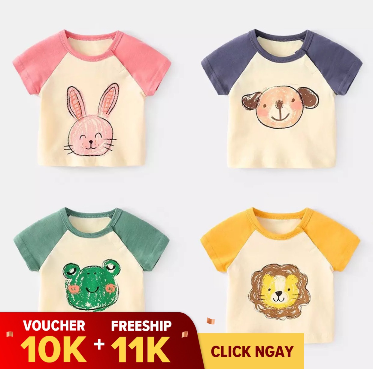 ÁO CỘC TAY PHỐI MÀU HÌNH THÚ NGỘ NGHĨNH CHO BÉ TRAI BÉ GÁI 8-18Kg