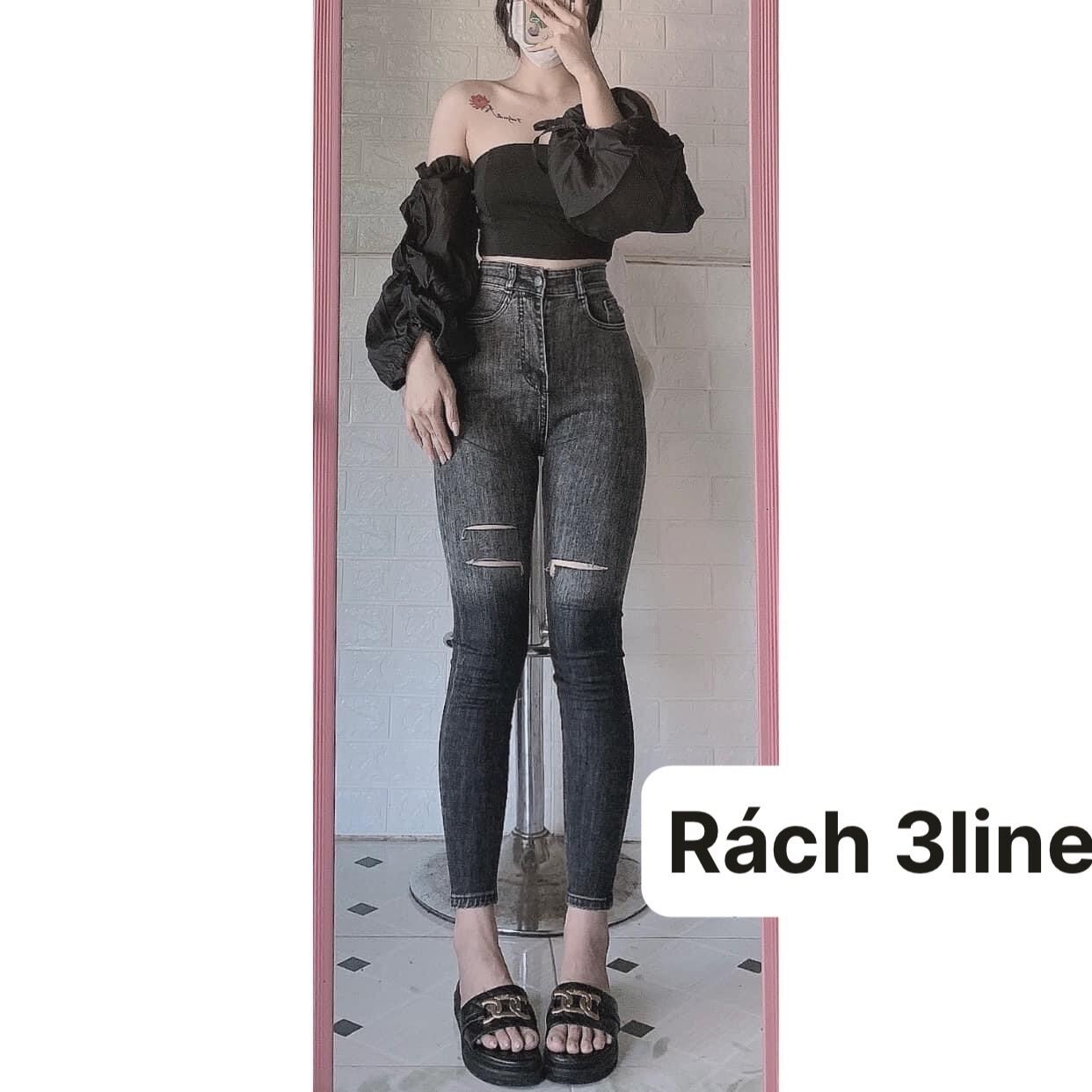 Set Jeans dài co giãn loan xám+áo bẹt vai tay nơ đen