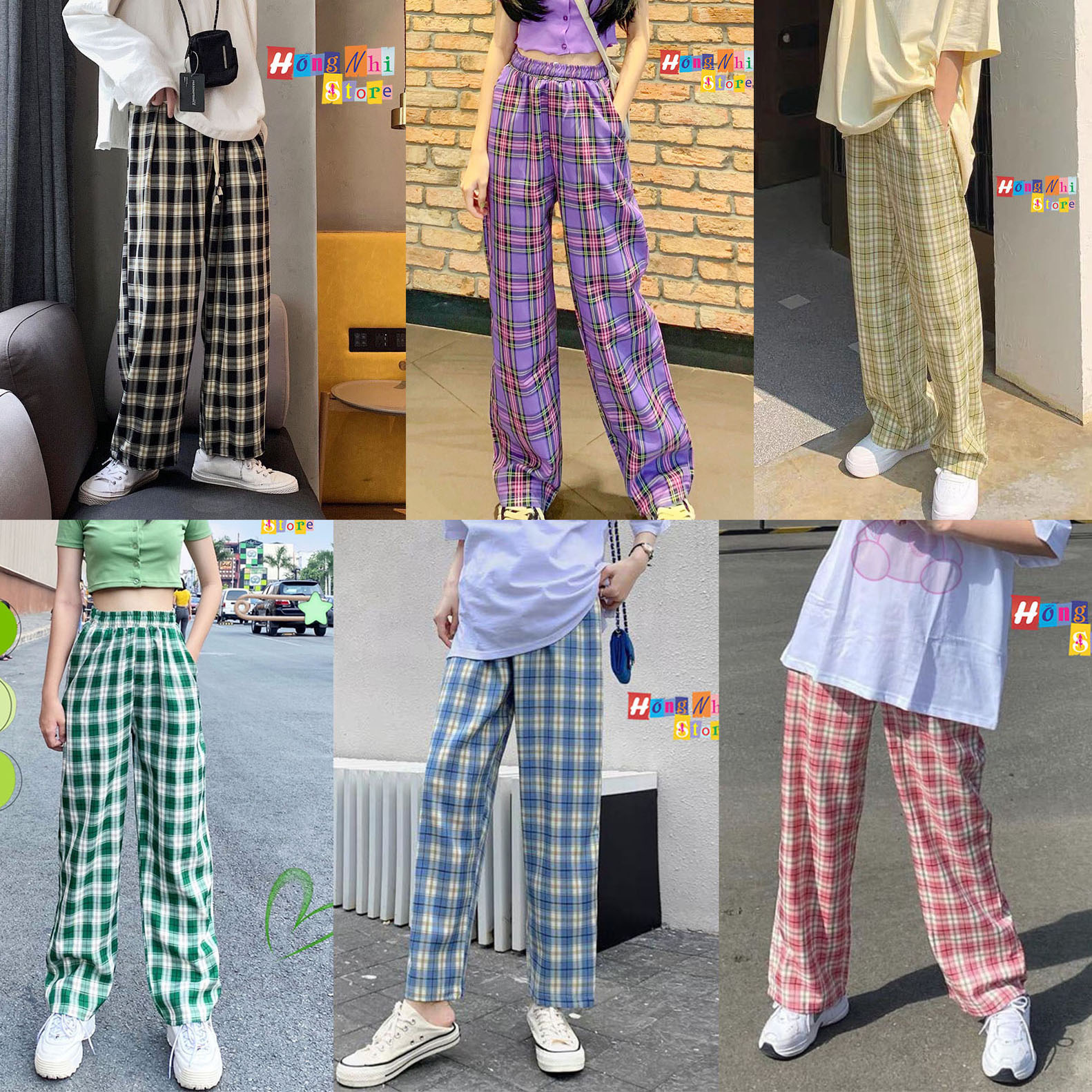 Quần Caro Dài Ống Rộng Lưng Cao Chun Thun Dáng Rộng Nam Nữ Unisex Culottes Ulzzang - MM