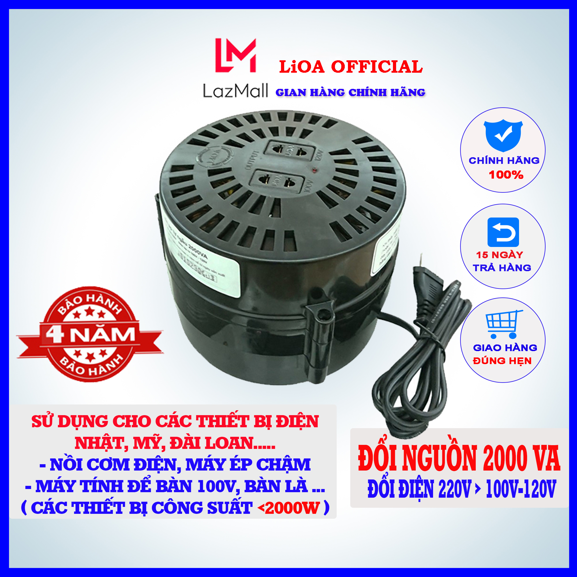 Đổi nguồn Lioa 2000VA, biến áp tự ngẫu DN020, đổi điện 220v sang 100v-120v dùng cho các thiết bị có công suất dưới 1800W