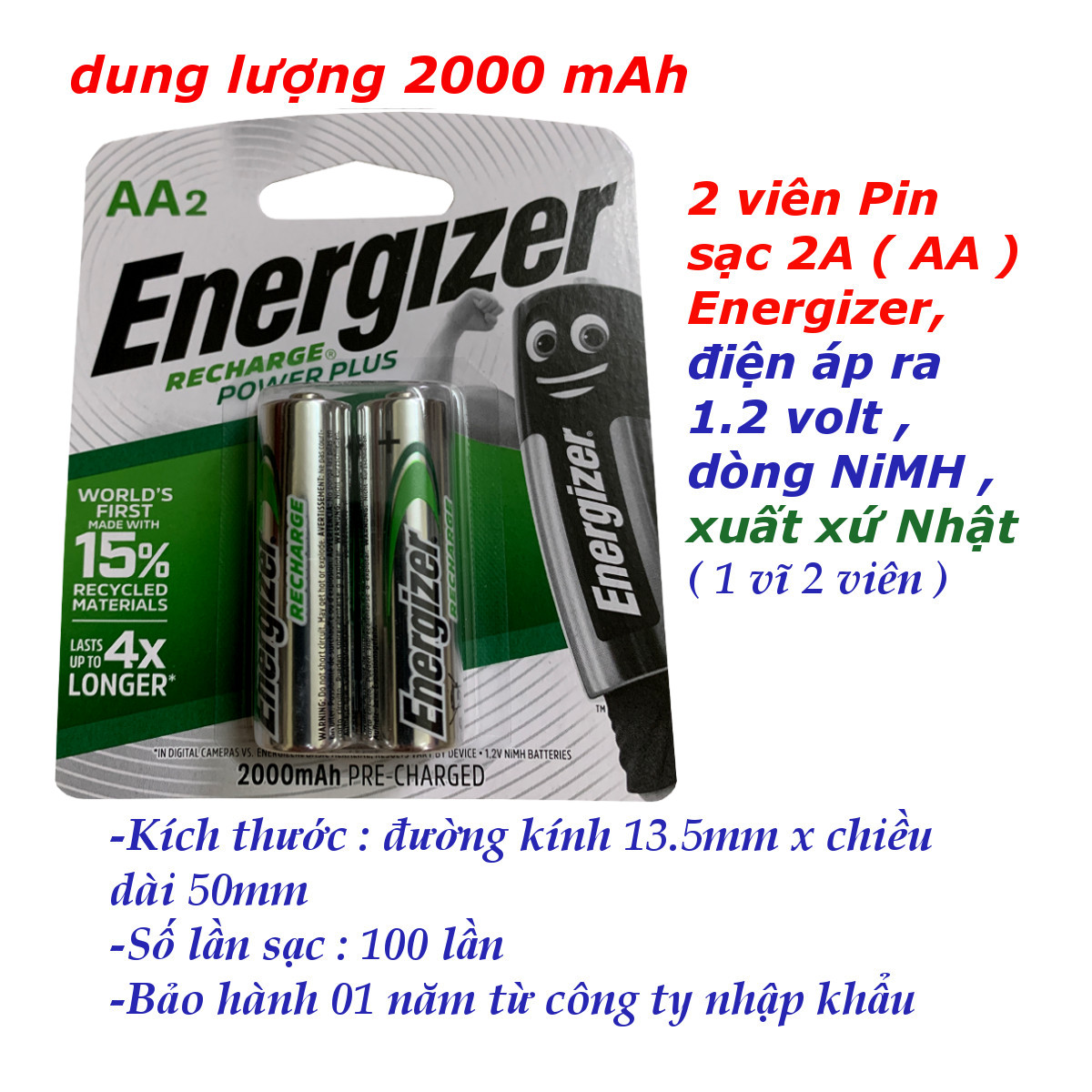 2 viên pin sạc aa energizer dung lượng 2000 mah , điện áp ra 1.2 volt , dòng nimh , xuất xứ nhật