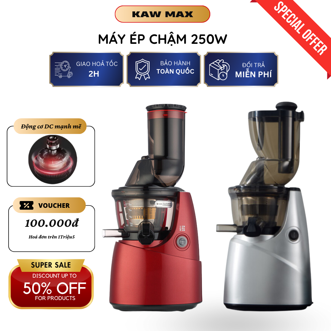 Máy Ép Chậm Công Nghiệp Công Suất Lớn 250W, Dung Tích 800ml- Máy ép trái cây rau củ tốc độ chậm, Máy ép chậm hoa quả làm kem lọc sạch bã tới 99%, thiết kế sang trọng, ép kiệt 95% nước