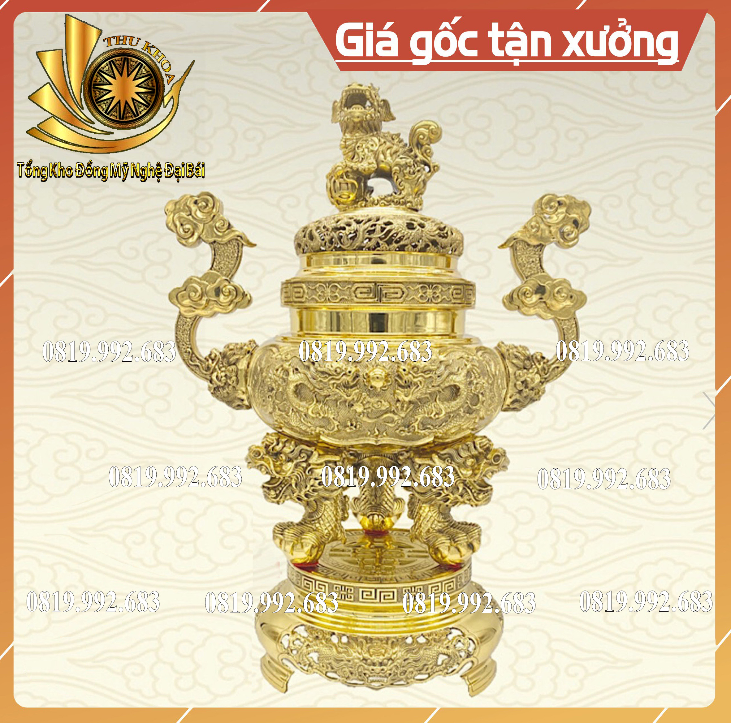 Đỉnh Đồng Lư Hương Bằng Đồng Tai Mây Thau Màu Vàng Sáng Bóng Đường Kính 40cm Làng Nghề Đúc Đồng Đại Bái Miễn Phí Vận Chuyển Toàn Quốc