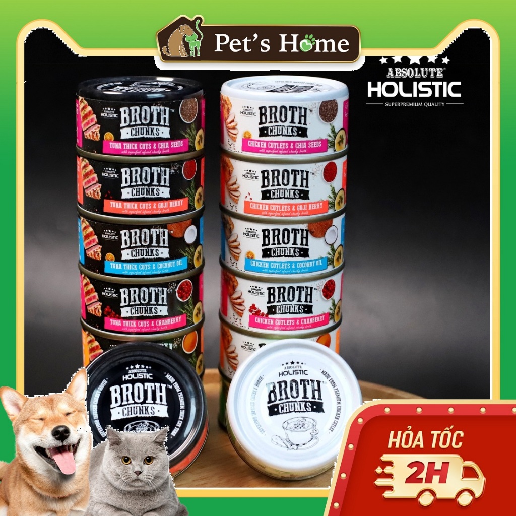 Pate gà cá cắt khúc Absolute Holistic Broth Chunks cho chó và mèo lon 80g