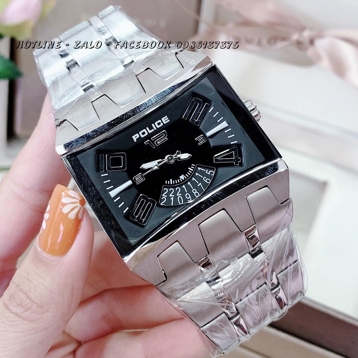 [HCM]Đồng Hồ Police Nam Dây Bạc Mặt Đen 42x34mm